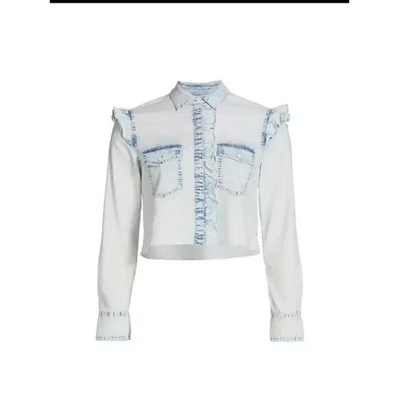 Alice + Olivia Womens Hannah White Ruffled Denim Button-Down Top Size XS - Picture 2 of 9